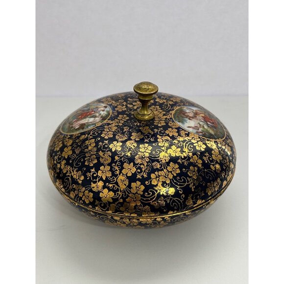 Vintage Lidded Cobalt Blue & Gold Porcelain Dish Classic Romantic Bonbon Trinket - Picture 10 of 11